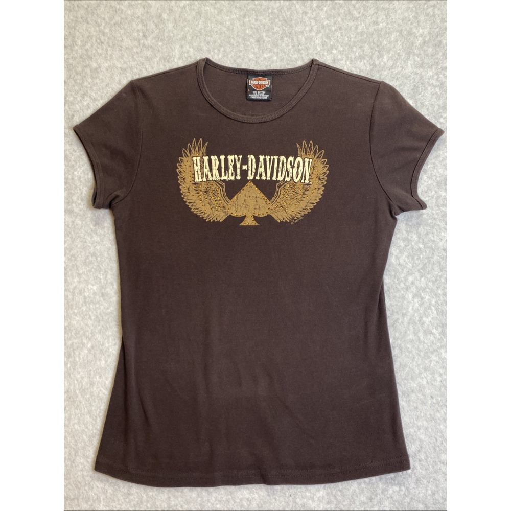 Vintage Harley Davidson Women L T Shirt Brown Distressed Gold Spade Wings Logo